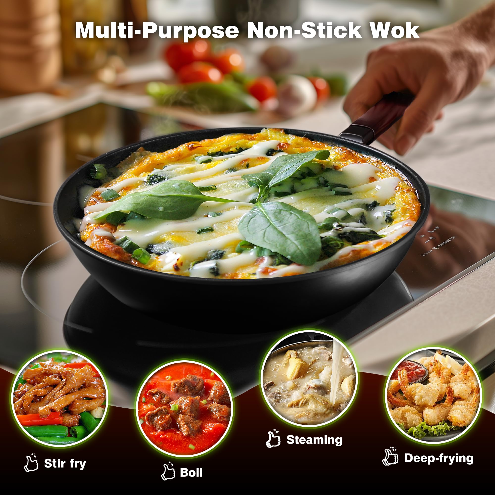 Teewe 13-inch wok serves 3-5 portions for family meals.