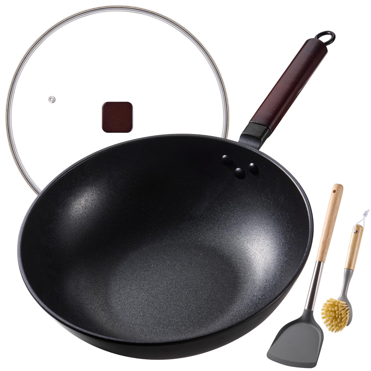 Teewe carbon steel wok with glass lid for quick monitoring while cooking