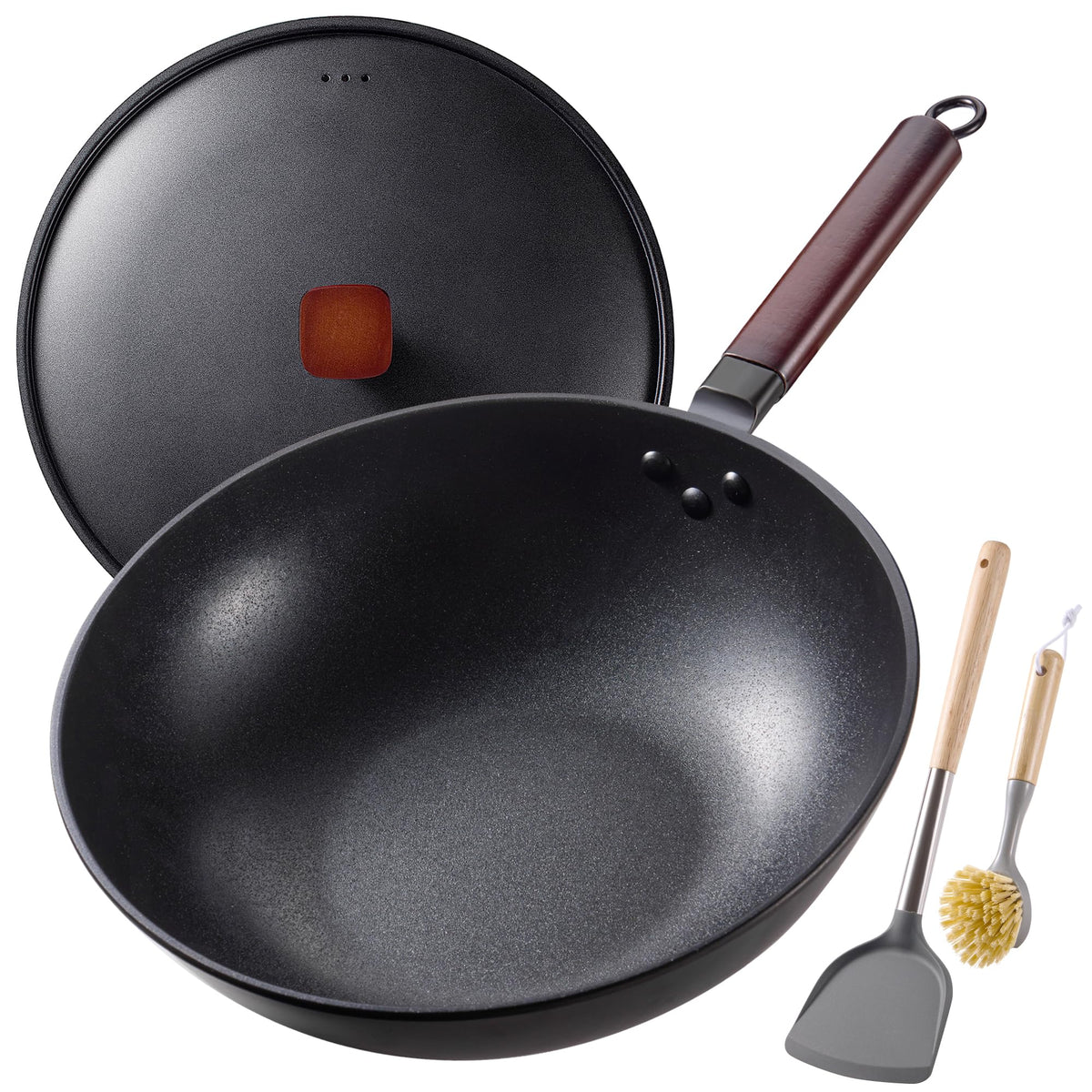 Teewe carbon steel wok 13-inch with lid for even heating and versatile cooking.