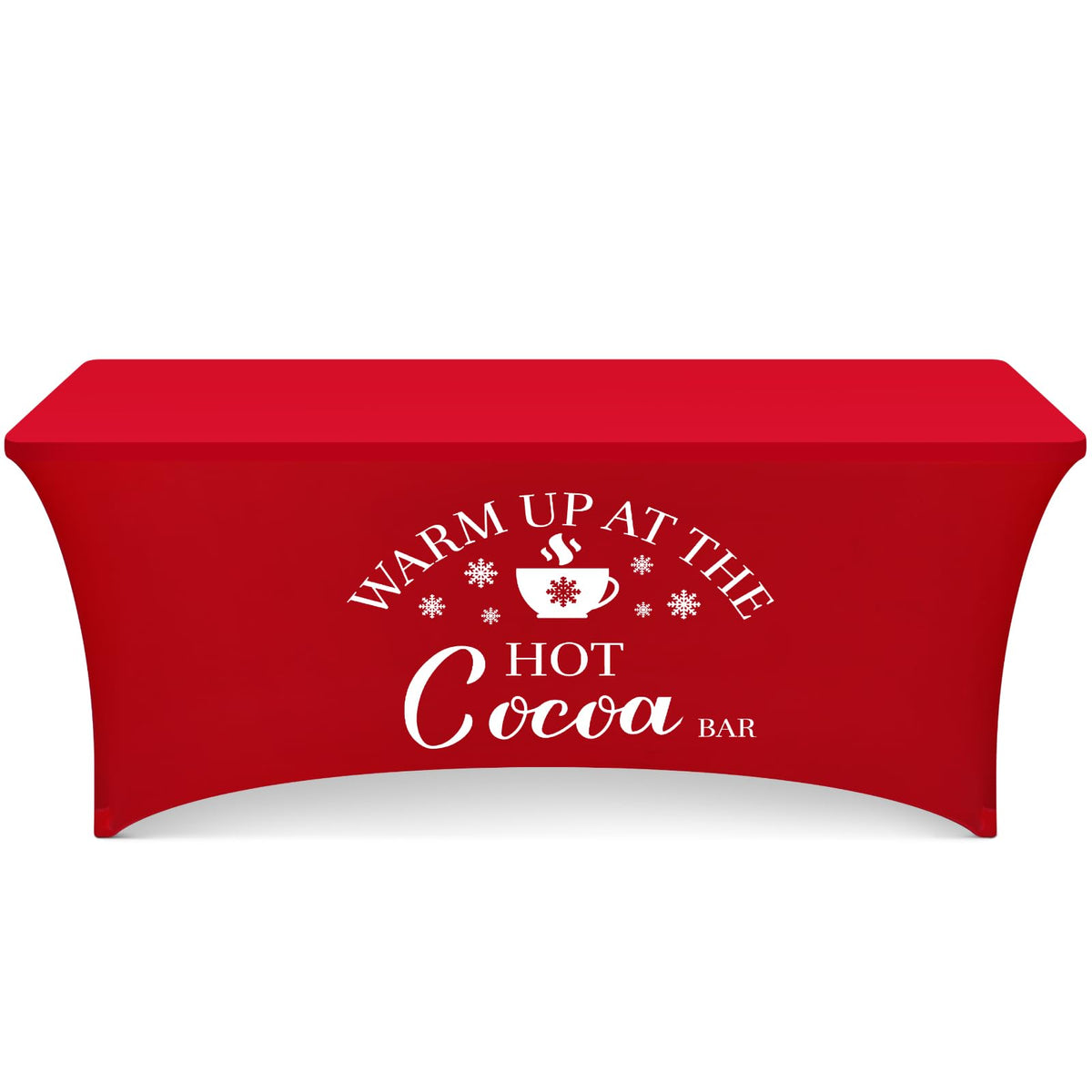 Tegeme hot cocoa tablecloth in red on a 72-inch table enhances festive display.