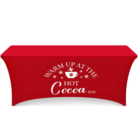 Tegeme hot cocoa tablecloth in red on a 72-inch table enhances festive display.