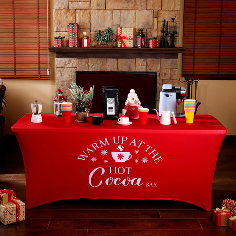 Tegeme red tablecloth suitable for indoor or outdoor Christmas use.