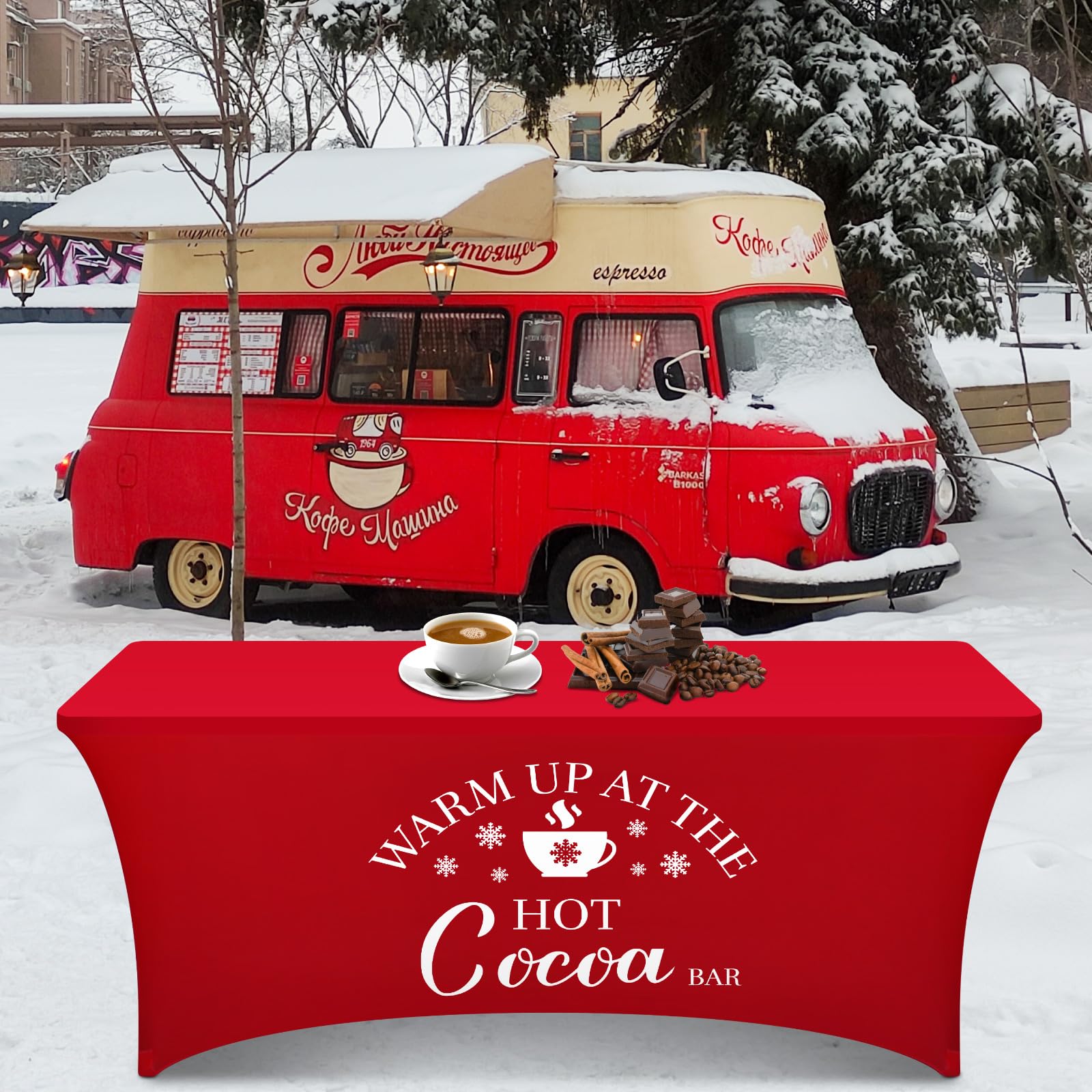 Tegeme stall setup with red tablecloth creates inviting holiday ambiance.