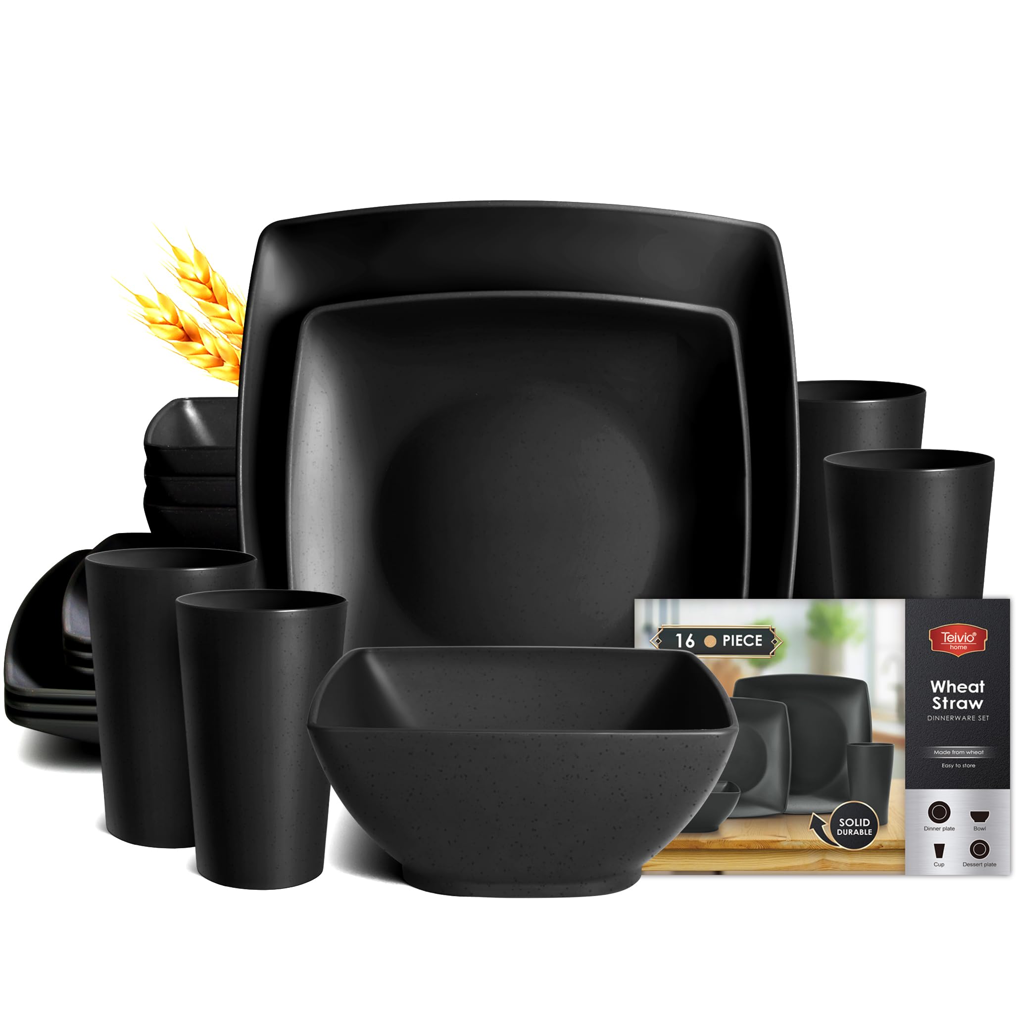 Teivio 16-piece square dinnerware set in black matte for durable family meals.