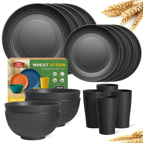 Teivio 16-piece wheat straw dinnerware set in black, durable service for four.
