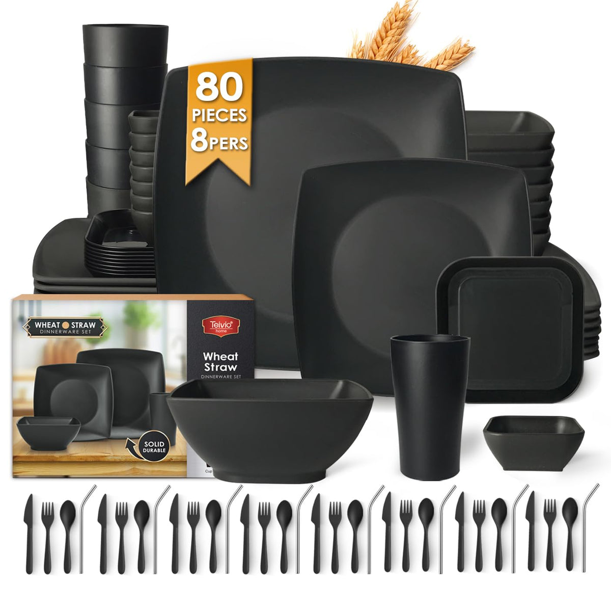 Teivio 80-piece square dinnerware set with unbreakable dinner plates for family meals
