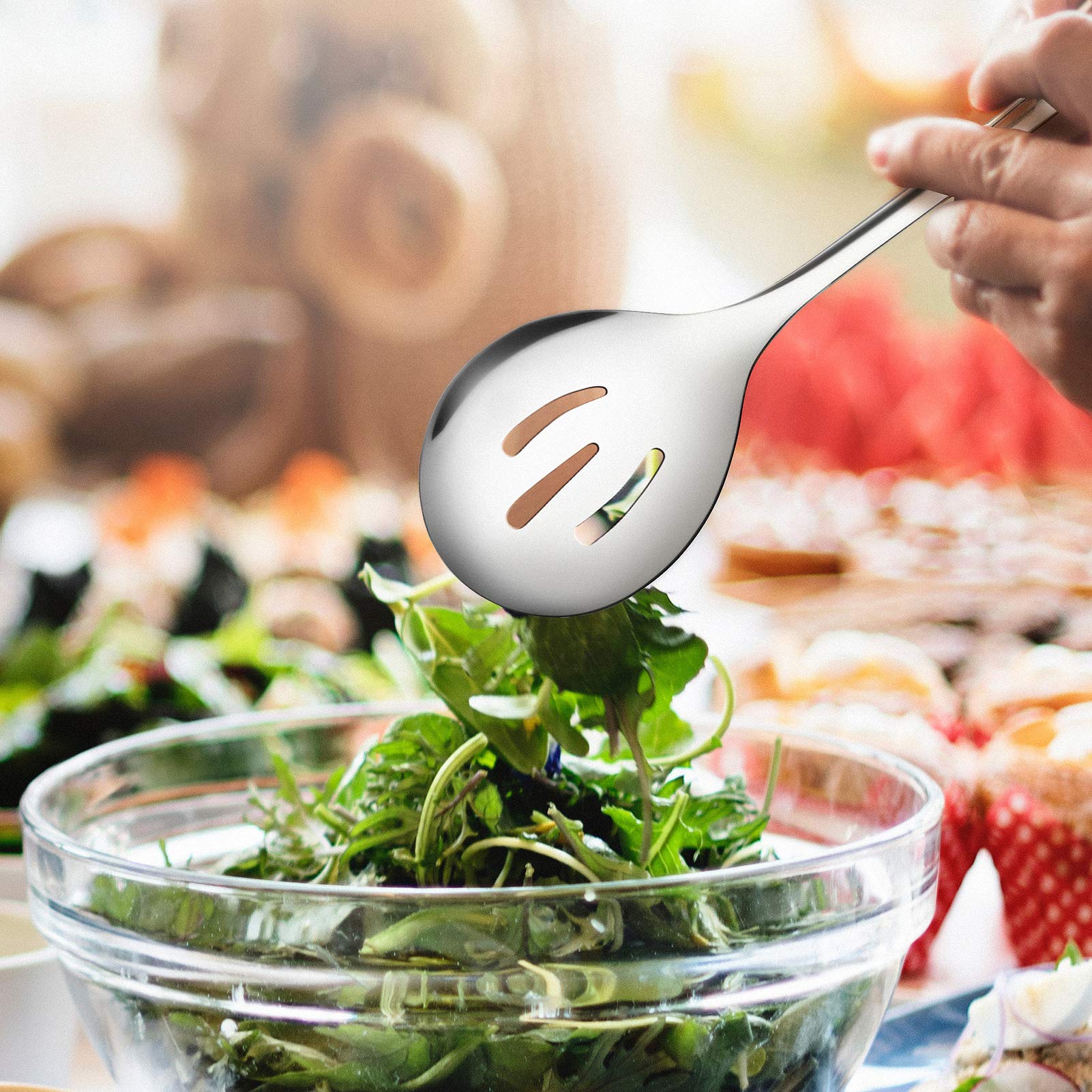 Teivio mirror-finish utensils shine under table lighting at events.