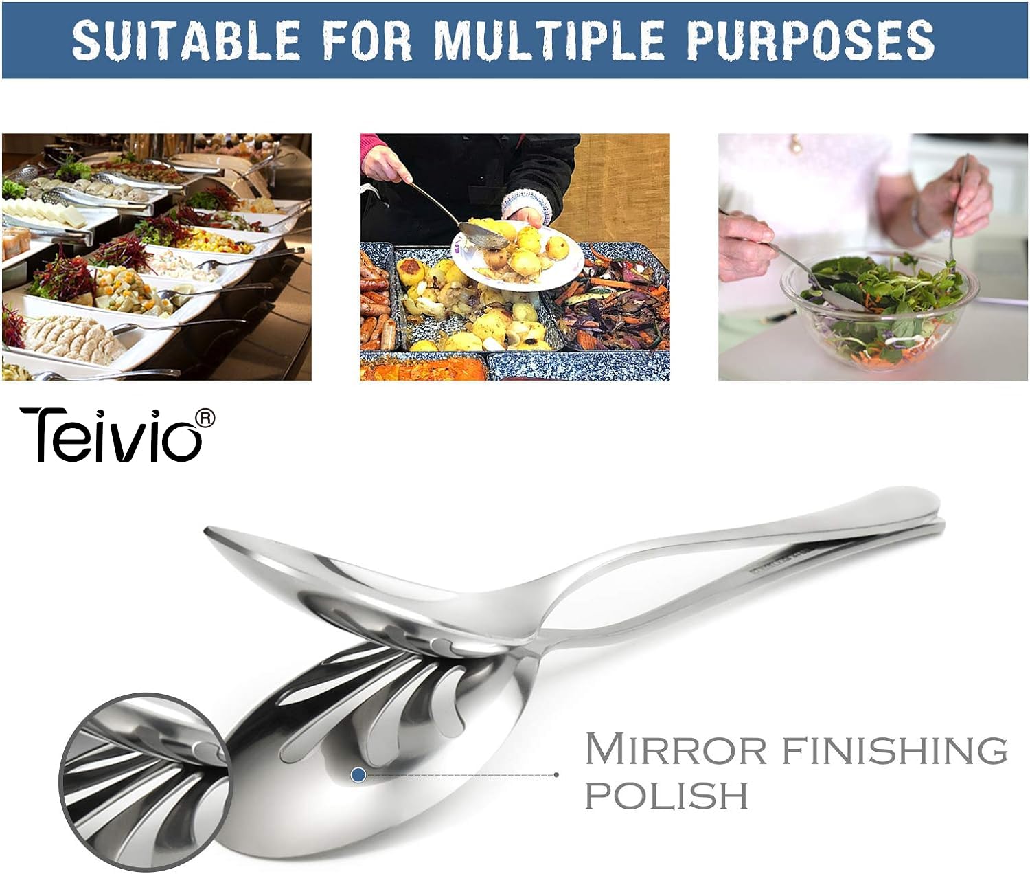 Teivio serving tong 9in, durable stainless steel for grabbing dishes.