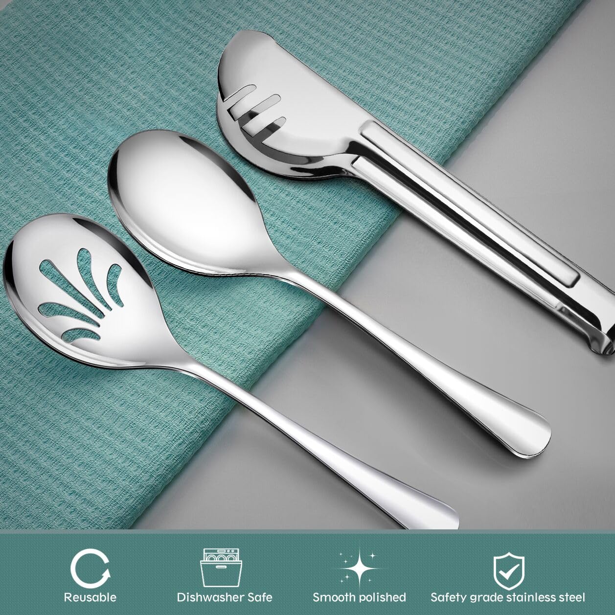 Teivio 9-inch tongs in stainless steel for serving salads and sides.