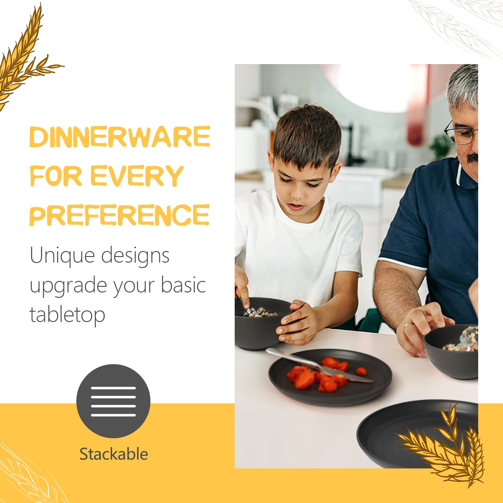 Teivio wheat straw dessert plates in black, perfect for everyday meals.
