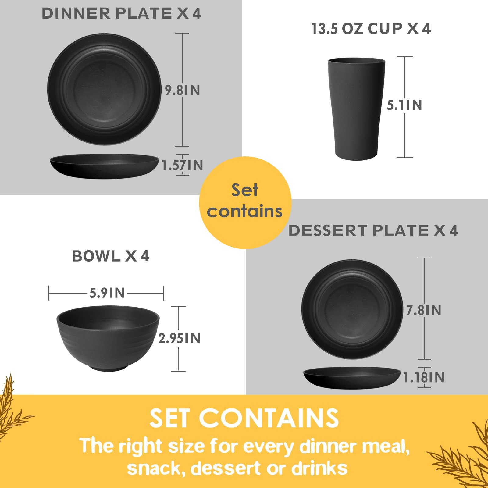 Teivio wheat straw dinner plates in black, lightweight for easy handling.