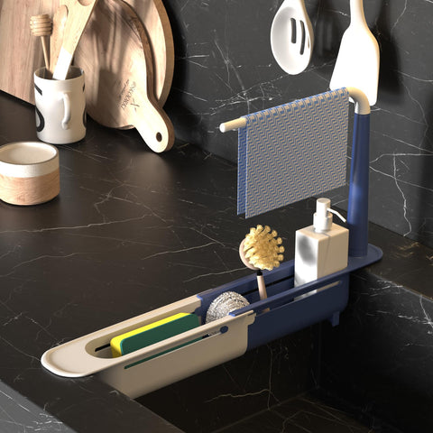 Telescopic Sink Storage Rack adjustable length fits any sink, countertop setup.