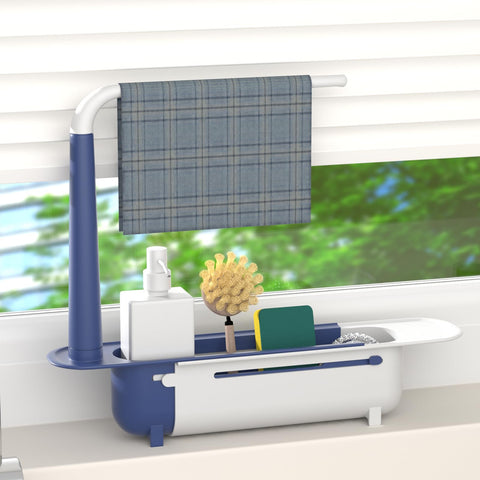 Telescopic Sink Storage Rack blue finish adds color while improving organization.