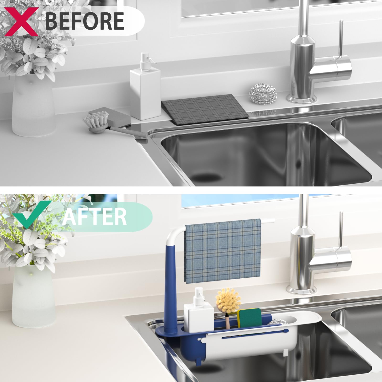 Telescopic Sink Storage Rack bottom basket organizes utensils for easy access.
