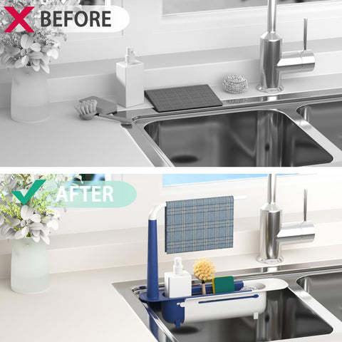Telescopic Sink Storage Rack bottom basket organizes utensils for easy access.