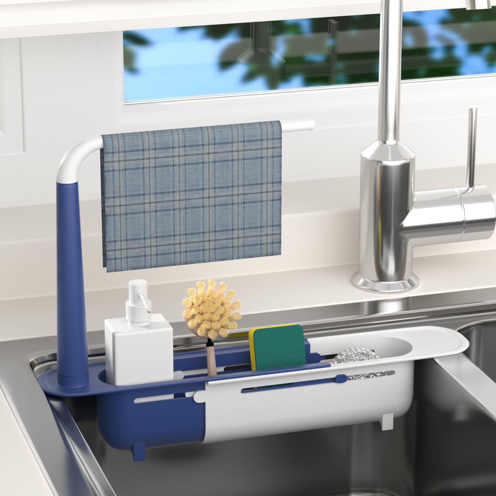 Telescopic Sink Storage Rack under faucet keeps sponges organized and accessible.
