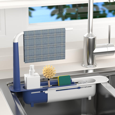 Telescopic Sink Storage Rack under faucet keeps sponges organized and accessible.