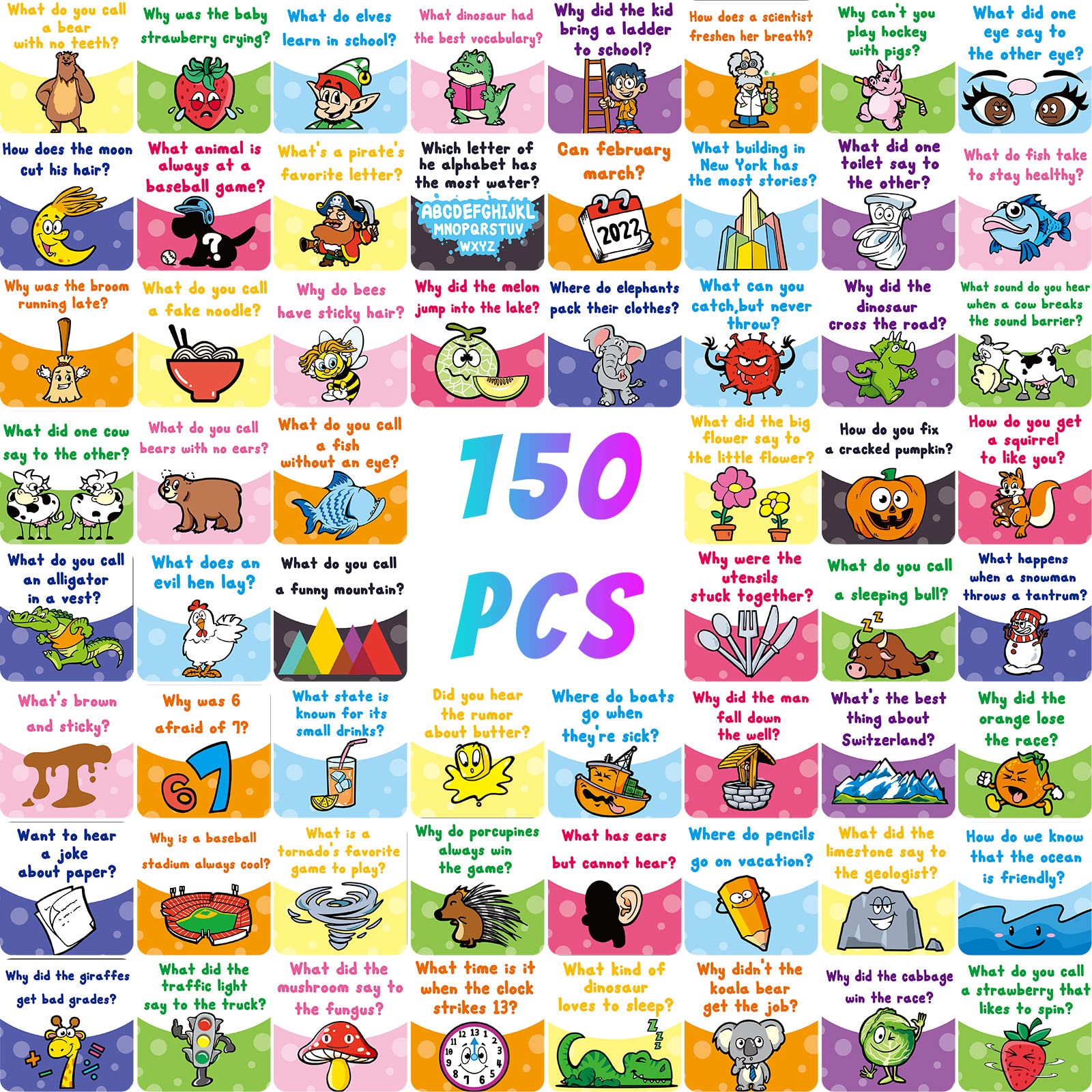 Teling 150 lunchbox joke cards arranged for kids' lunchboxes to spark smiles at lunchtime.