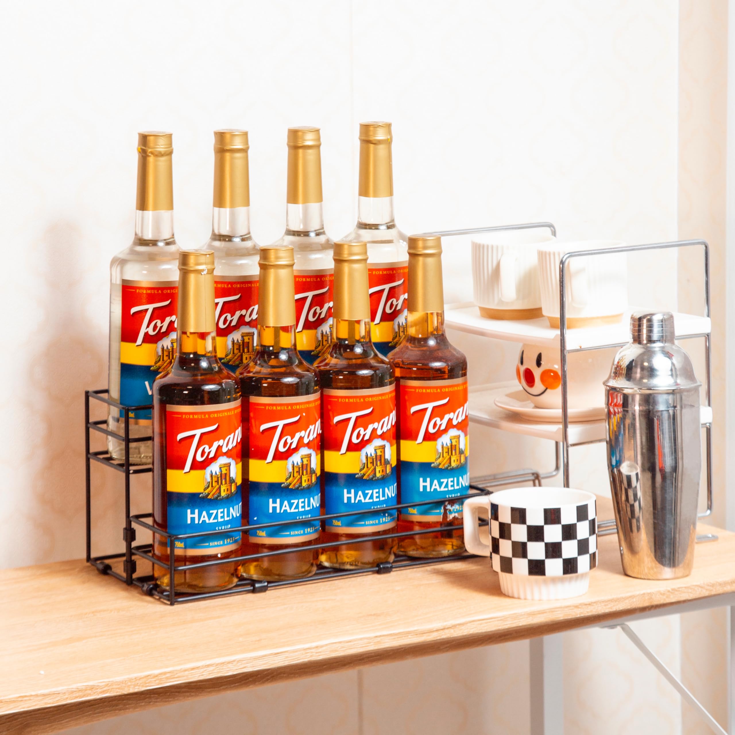 TelKeen 2-tier syrup stand with guard bars holds bottles securely.