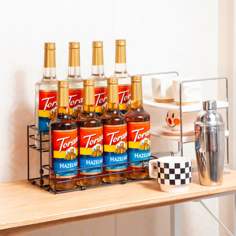 TelKeen 2-tier syrup stand with guard bars holds bottles securely.