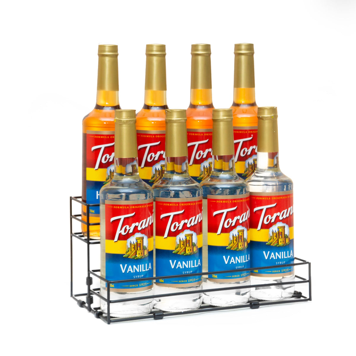 TelKeen 8-bottles syrup rack on kitchen counter keeps syrups neatly organized.