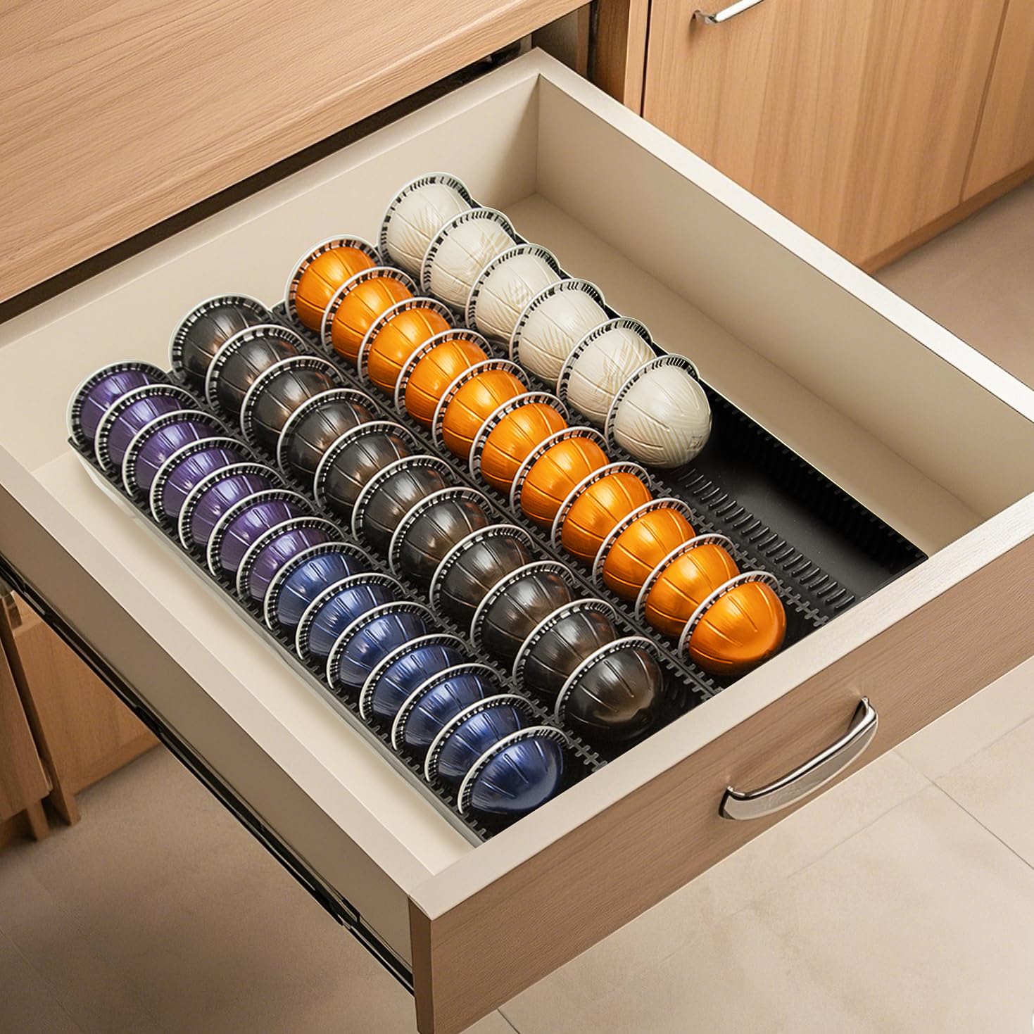 TelKeen coffee pod drawer keeps Vertuo capsules neatly organized for quick selection