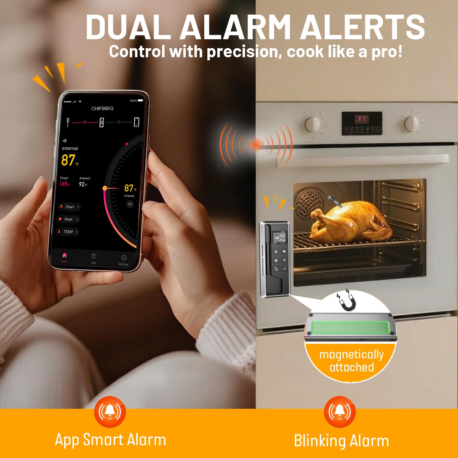 TEMMIO app control screen displaying real-time cooking alerts