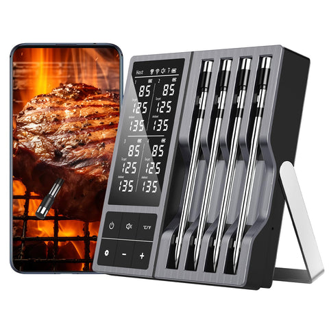 TEMMIO wireless meat thermometer with four probes for precise grilling and roasting.