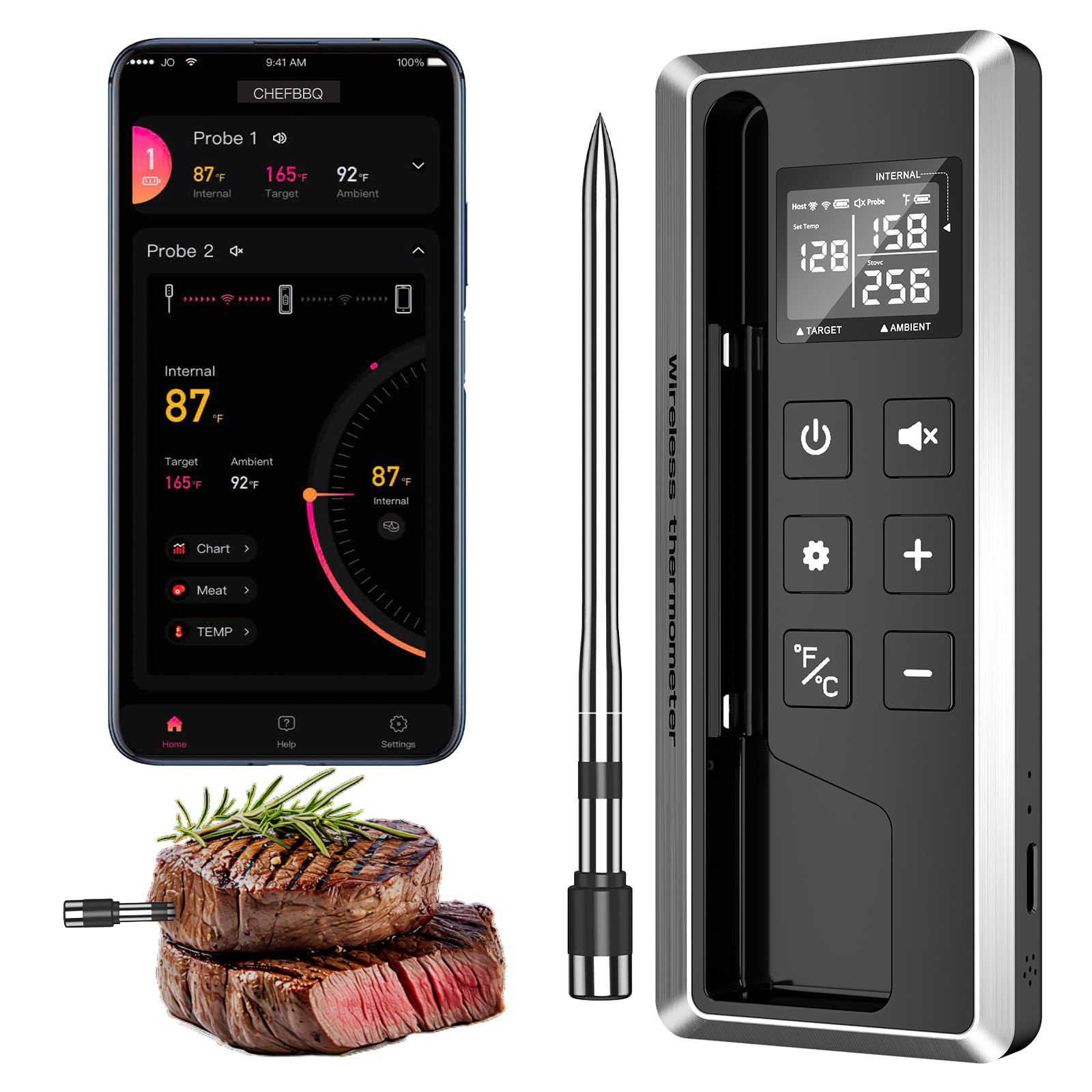TEMMIO wireless meat thermometer probe shows precision temperature for grilling