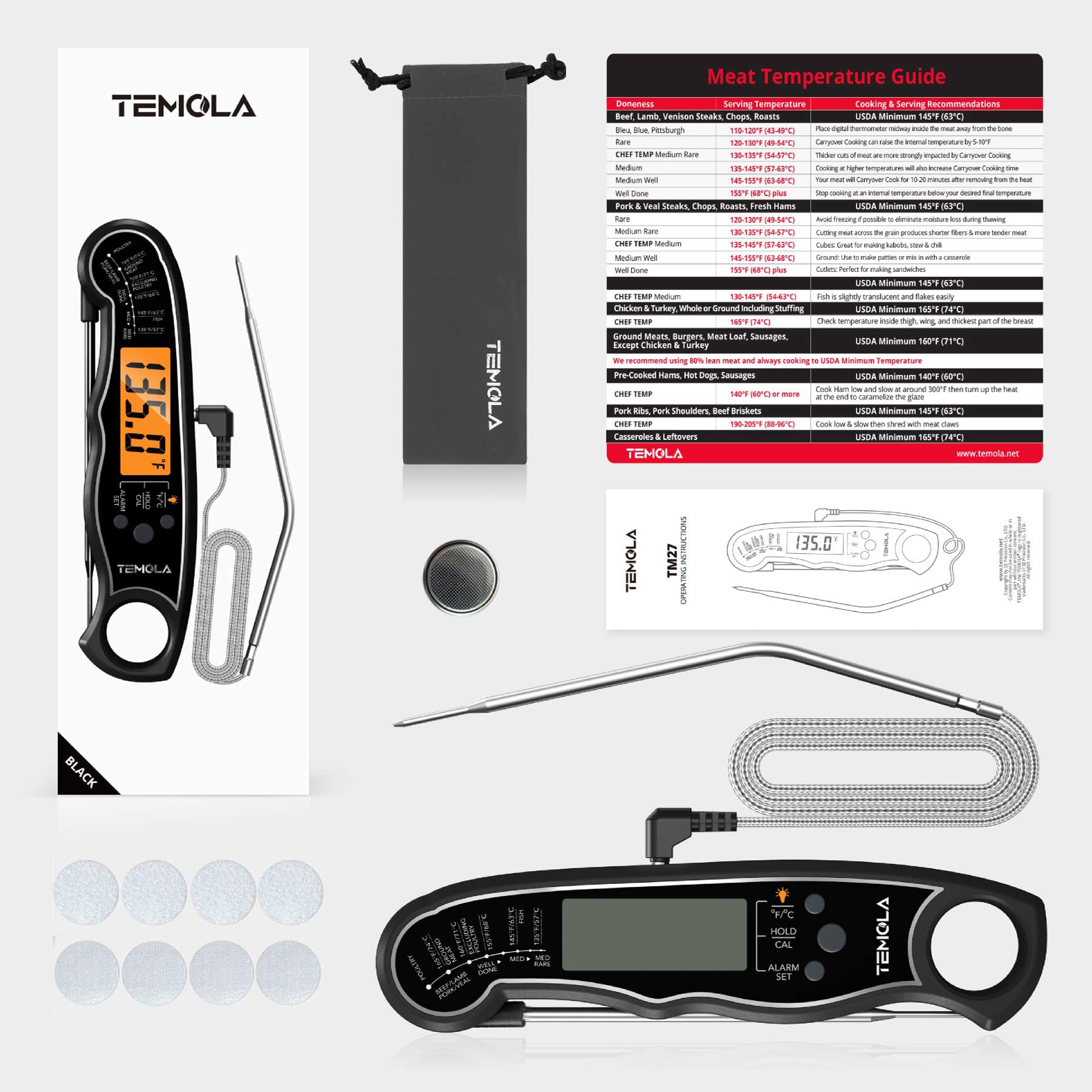 TEMOLA in-action on grill showing dual probes in use.