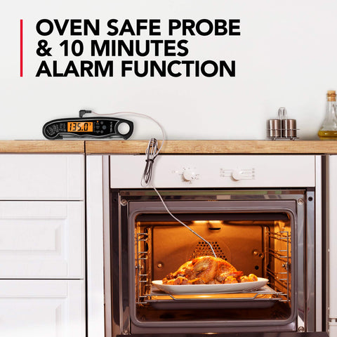 TEMOLA thermometer with oven-safe wired probe for monitoring during cooking.