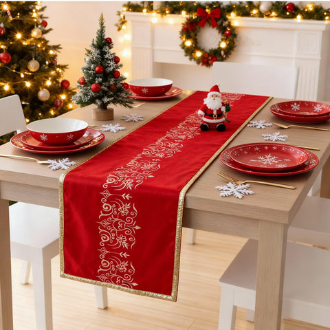 Tenceur Christmas Table Runner with embossed floral pattern adds festive elegance to dining tables.