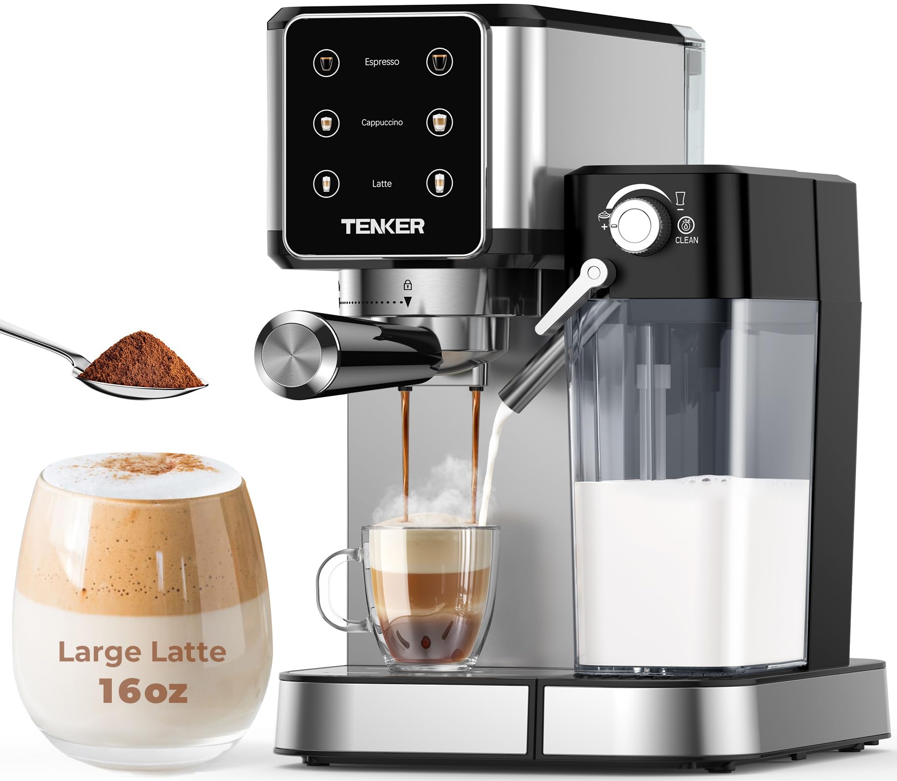 TENKER Espresso Machine front view with touchscreen for quick single or double-shot drinks.