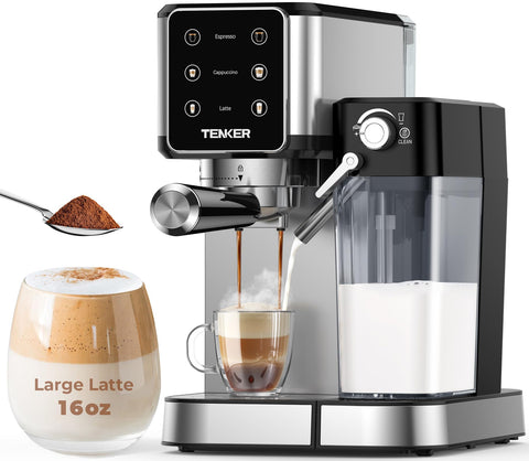 TENKER Espresso Machine front view with touchscreen for quick single or double-shot drinks.