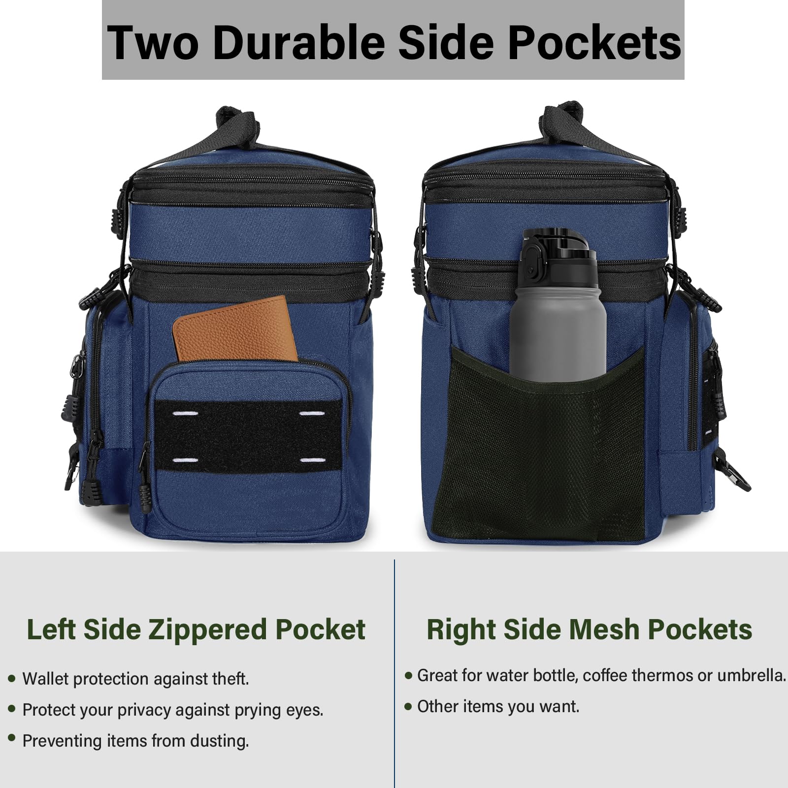 TENKIST lunch box blue side pockets highlighting practical storage for bottles and essentials