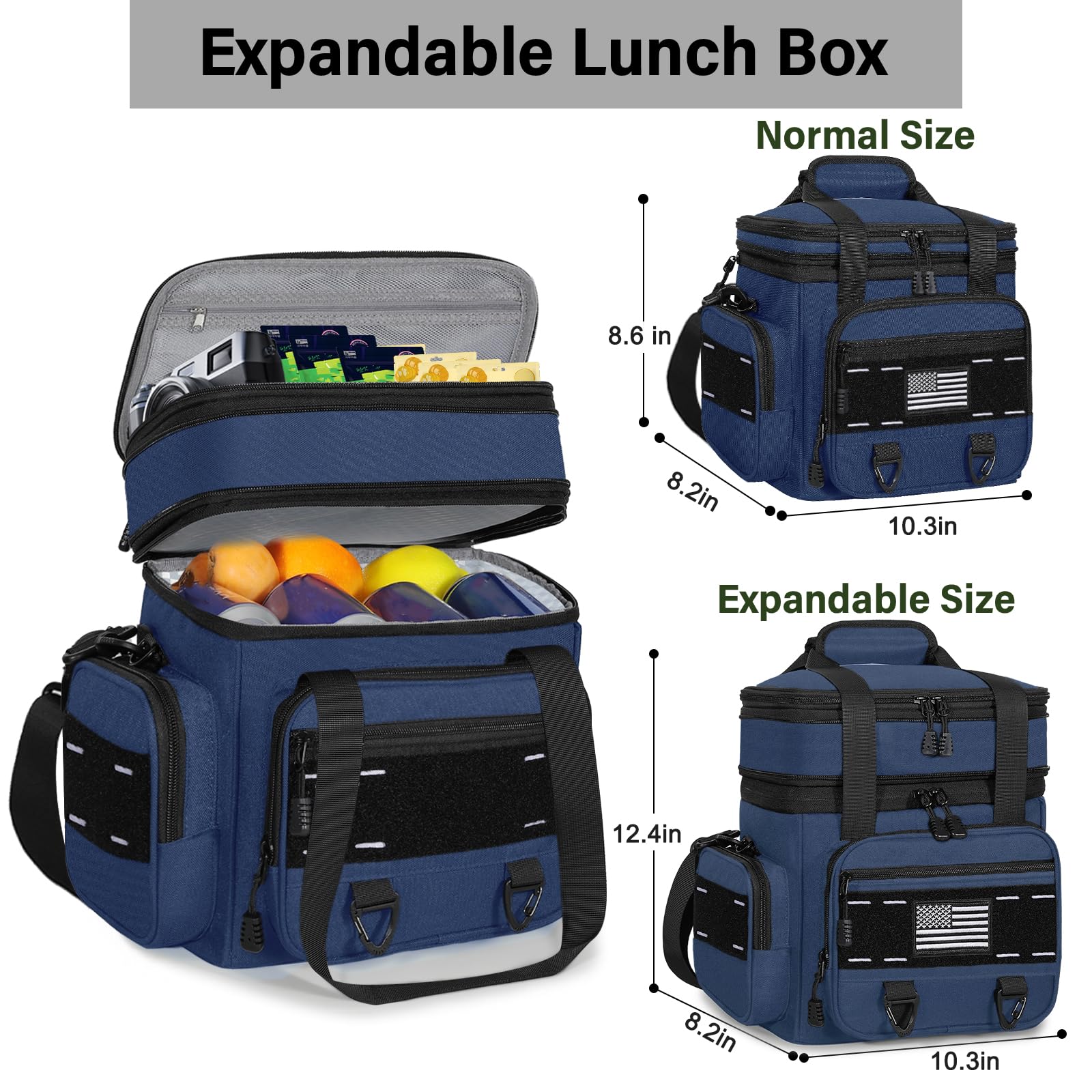 TENKIST lunch bag blue water-bottle-pocket angle illustrating versatile side storage
