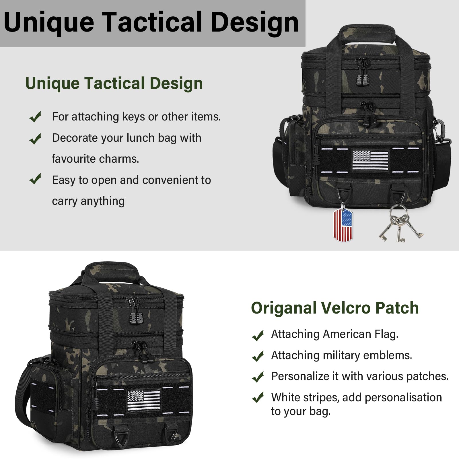TENKIST lunch box with American flag patch for rugged style.
