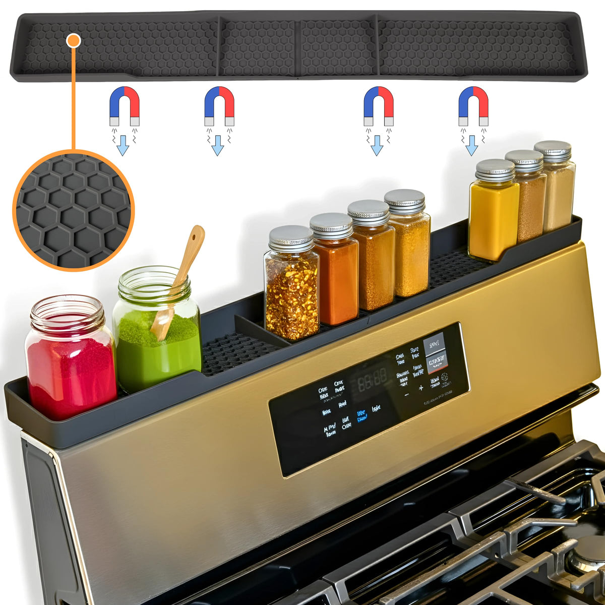 TEO magnetic stove top shelf front view showing accessible spice storage within reach