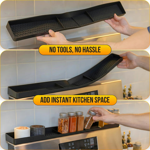 TEO magnetic stove top shelf spices close-up demonstrating organized storage near the cooktop