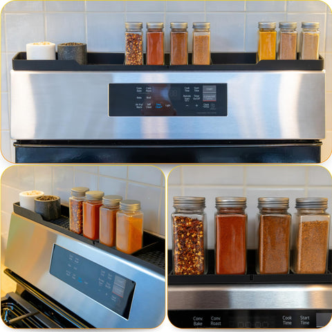 TEO magnetic stove top shelf shows 30-inch length fitting flat stovetops