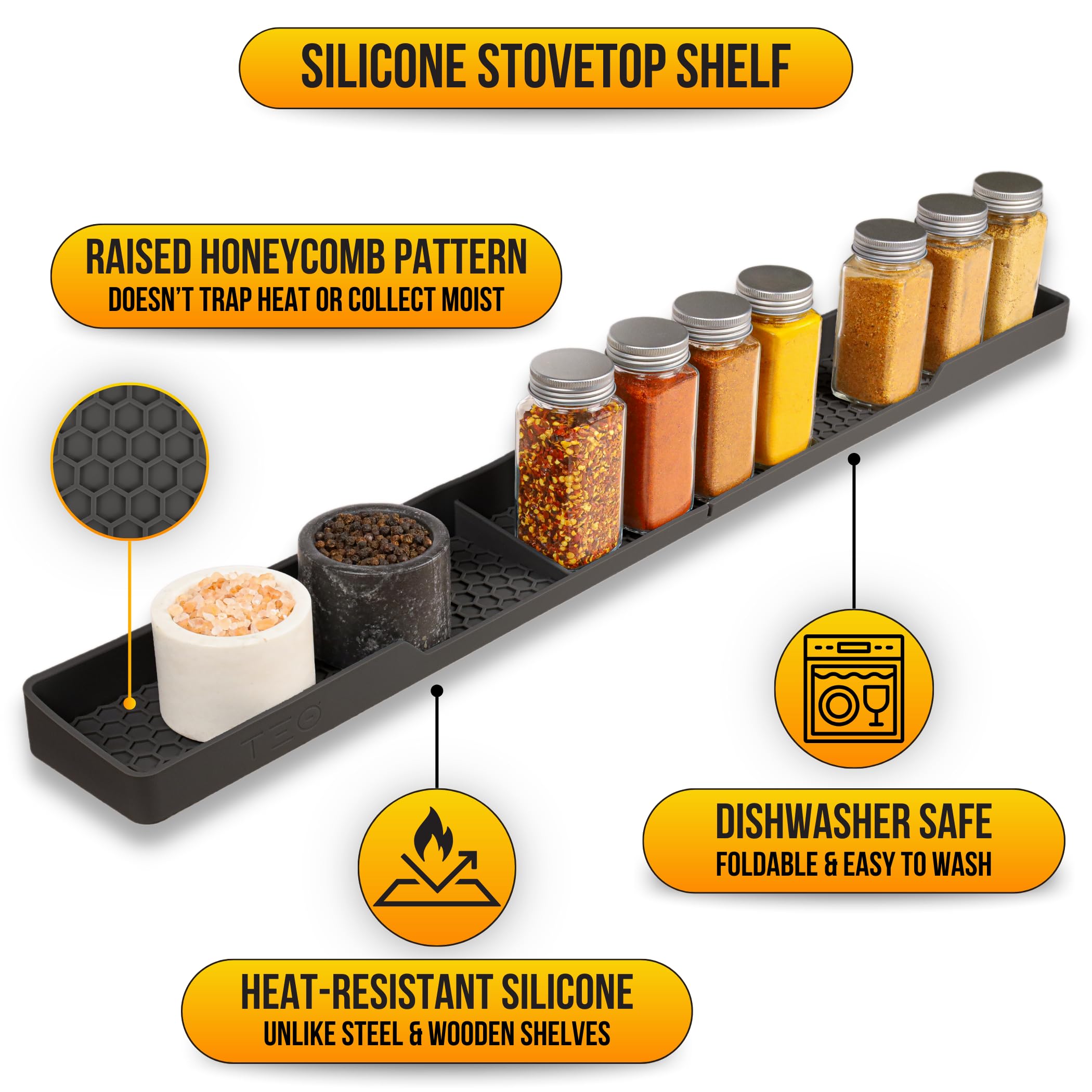 TEO stove top shelf magnets in action holding bottles securely
