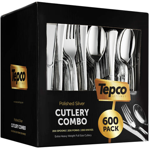Tepco Settings 600 plastic silverware set packaging for bulk events and easy cleanup