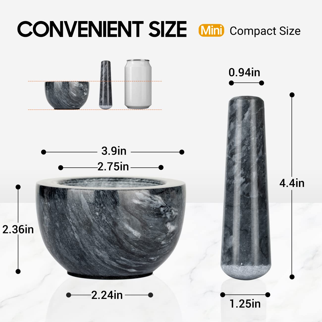 Polished exterior of the marble mortar adds kitchen decor appeal.