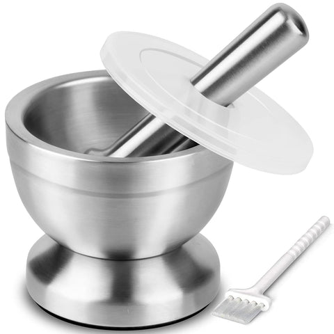 Tera mortar and pestle with semi-transparent lid for mess-free grinding