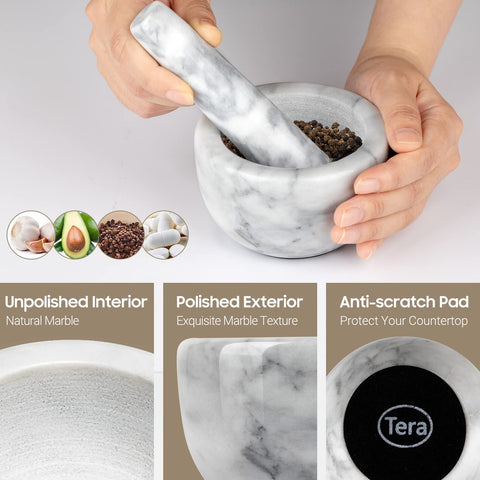 Tera compact white marble design fits small kitchen counters.