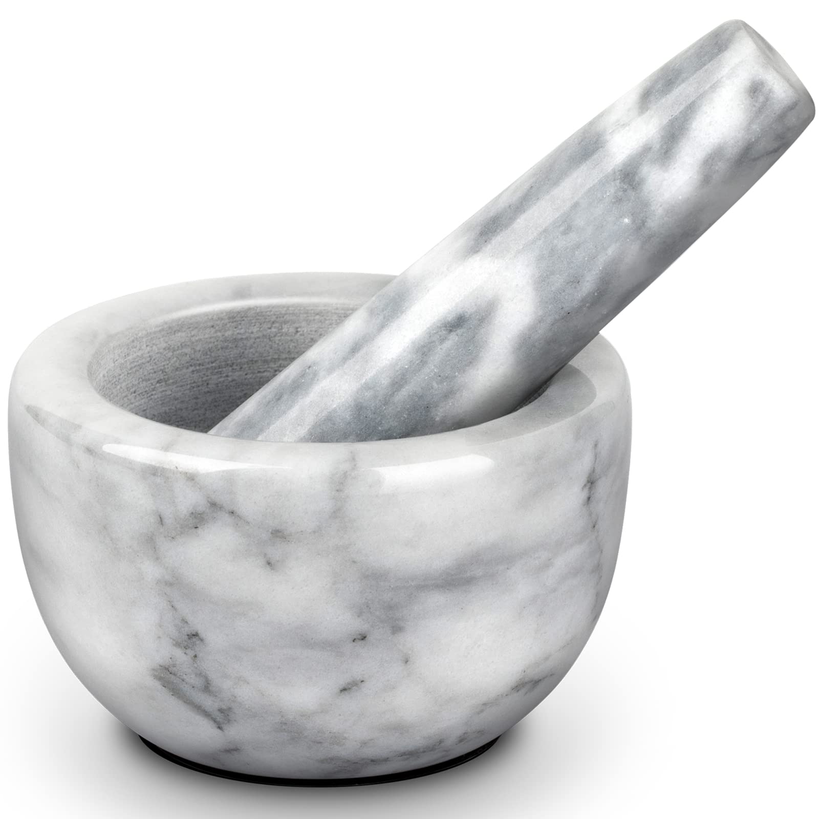 Tera mortar and pestle set in white marble with small bowl for precise grinding.