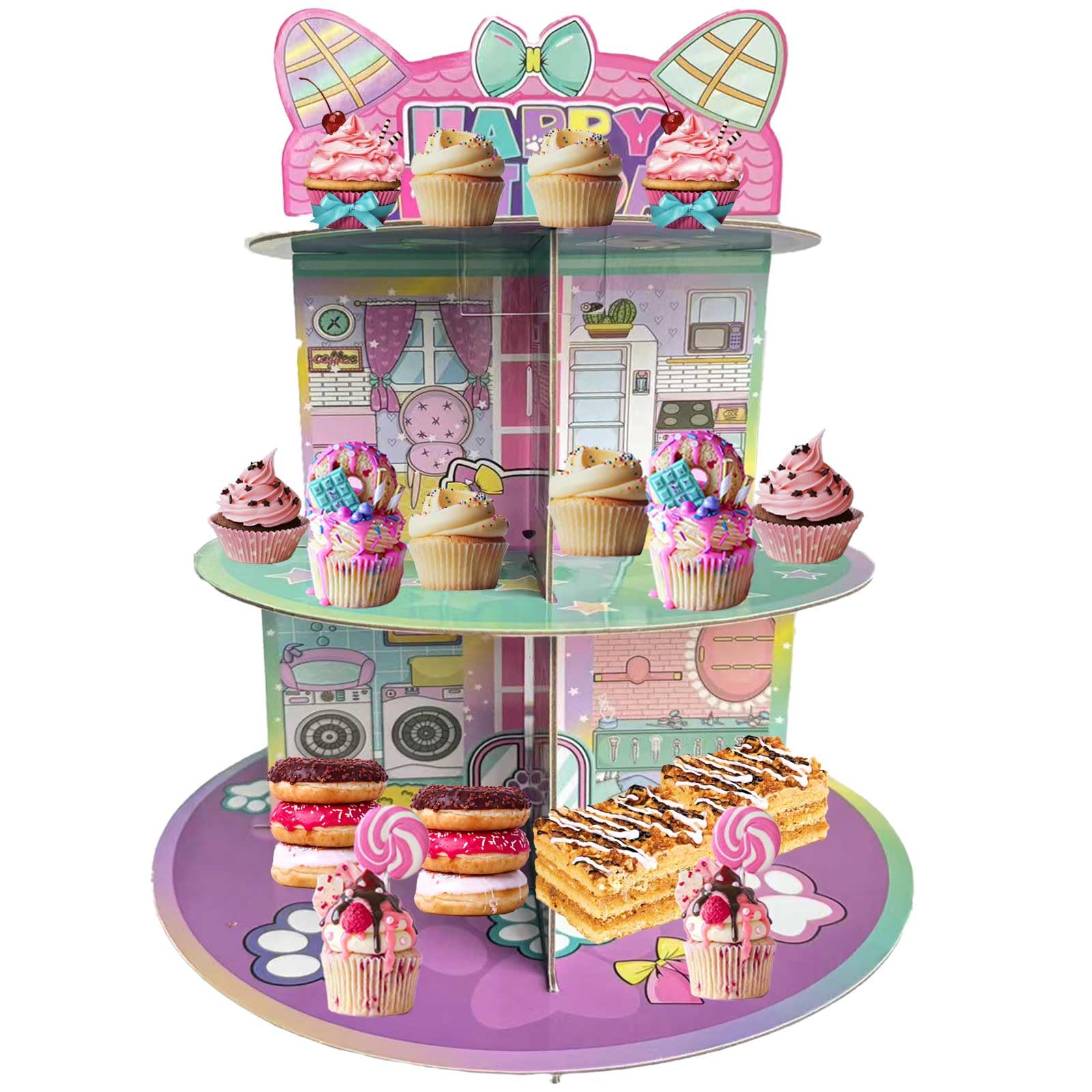 Terasilian assembled stand with cupcakes and donuts, a versatile dessert tower for celebrations.