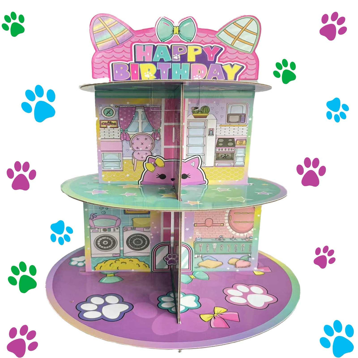 Terasilian cartoon cat dollhouse cupcake stand 3-tier pink, ideal for party dessert displays.