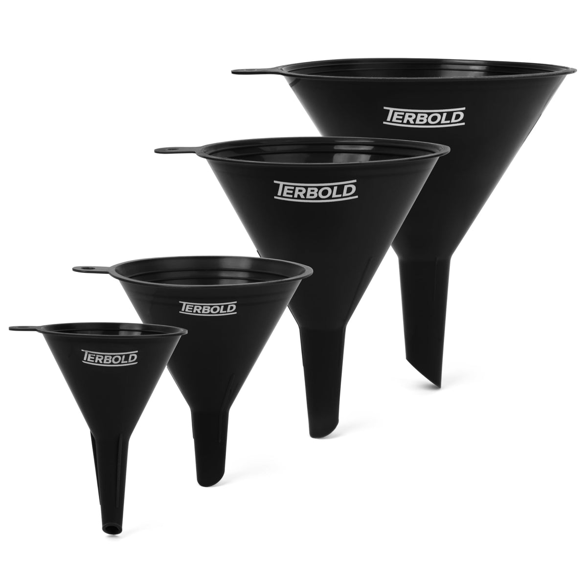 Terbold four-piece nesting funnel set in black, 125mm for precise liquid transfers