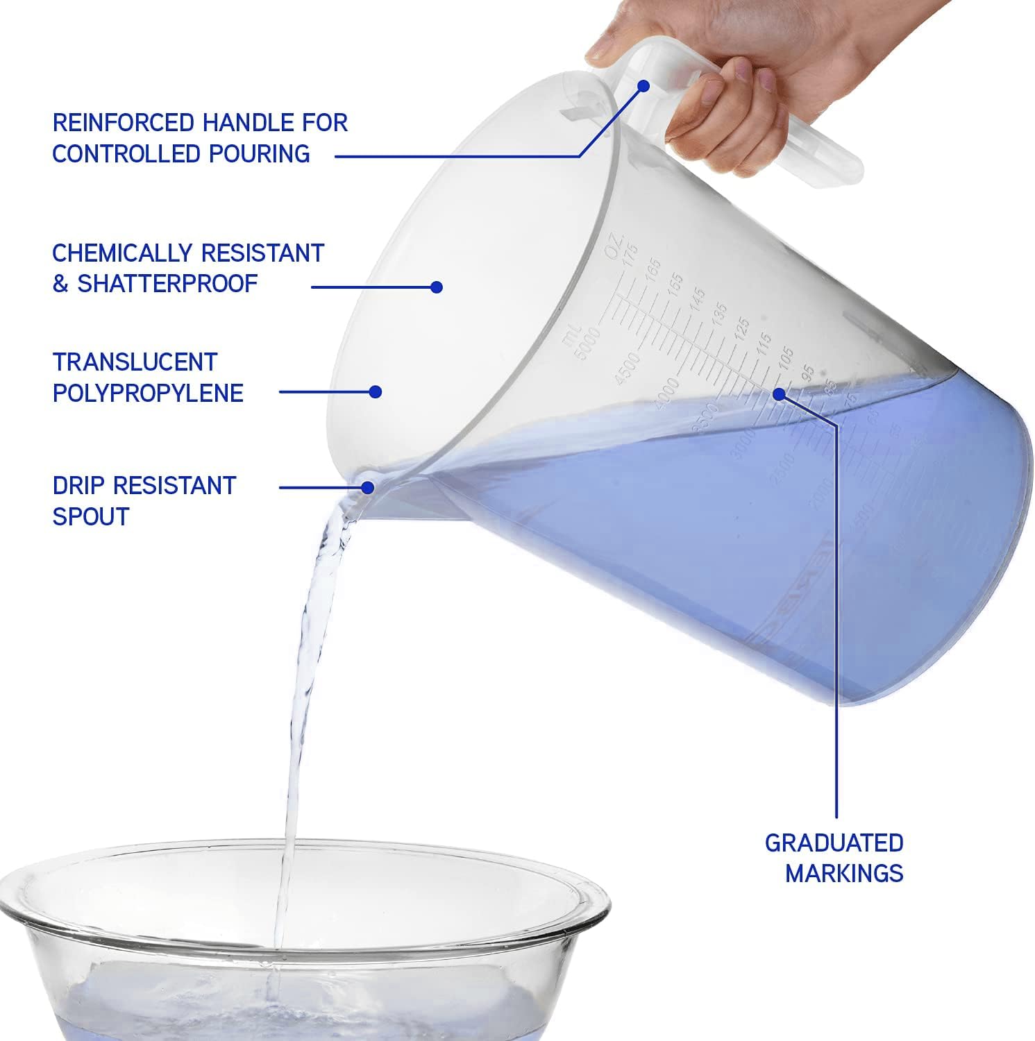 Terbold pitcher features high visibility graduations in liters and milliliters